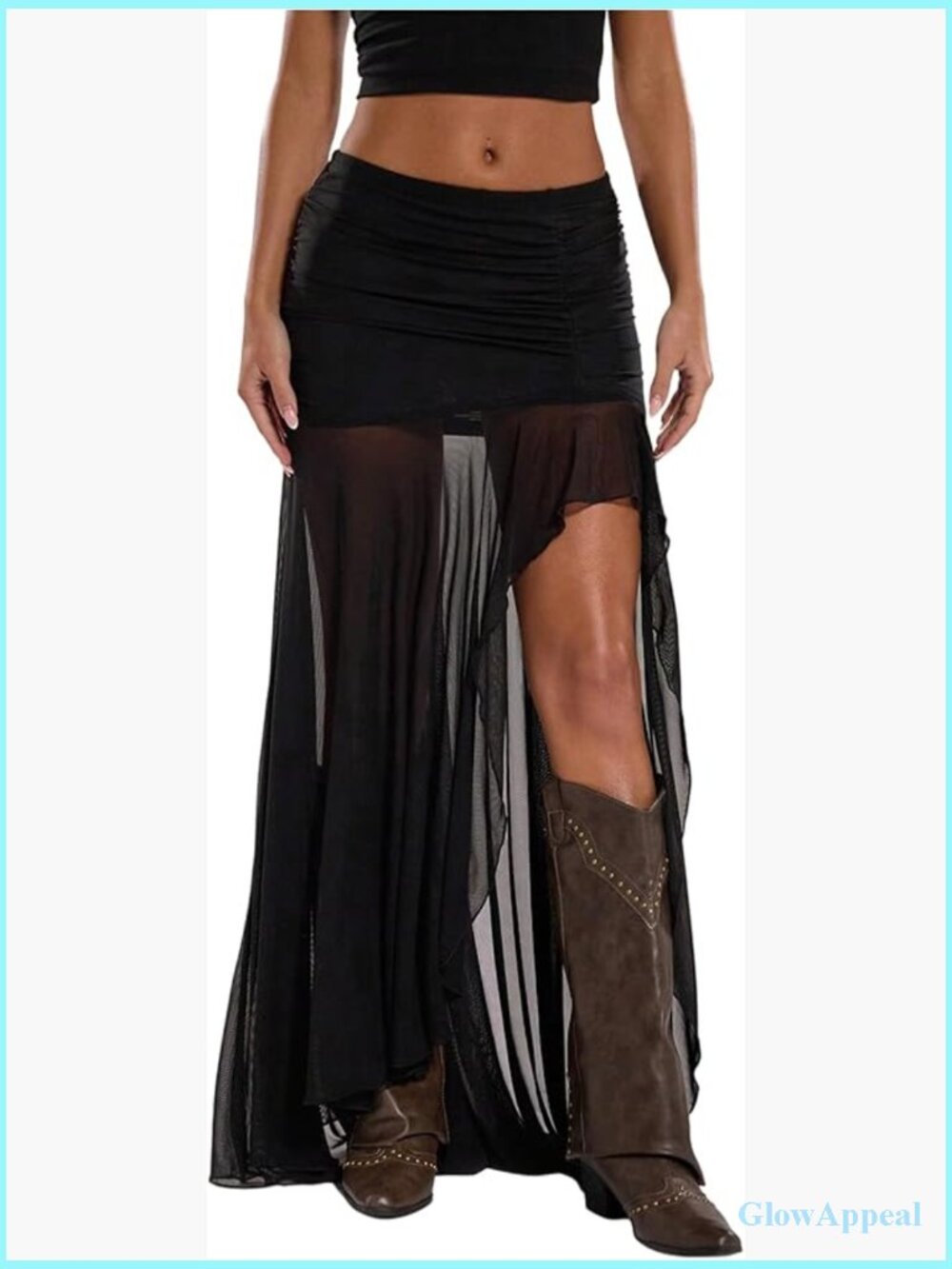 Sheer Mesh Pleated Maxi Skirt Split Thigh Asymmetrical Bodycon